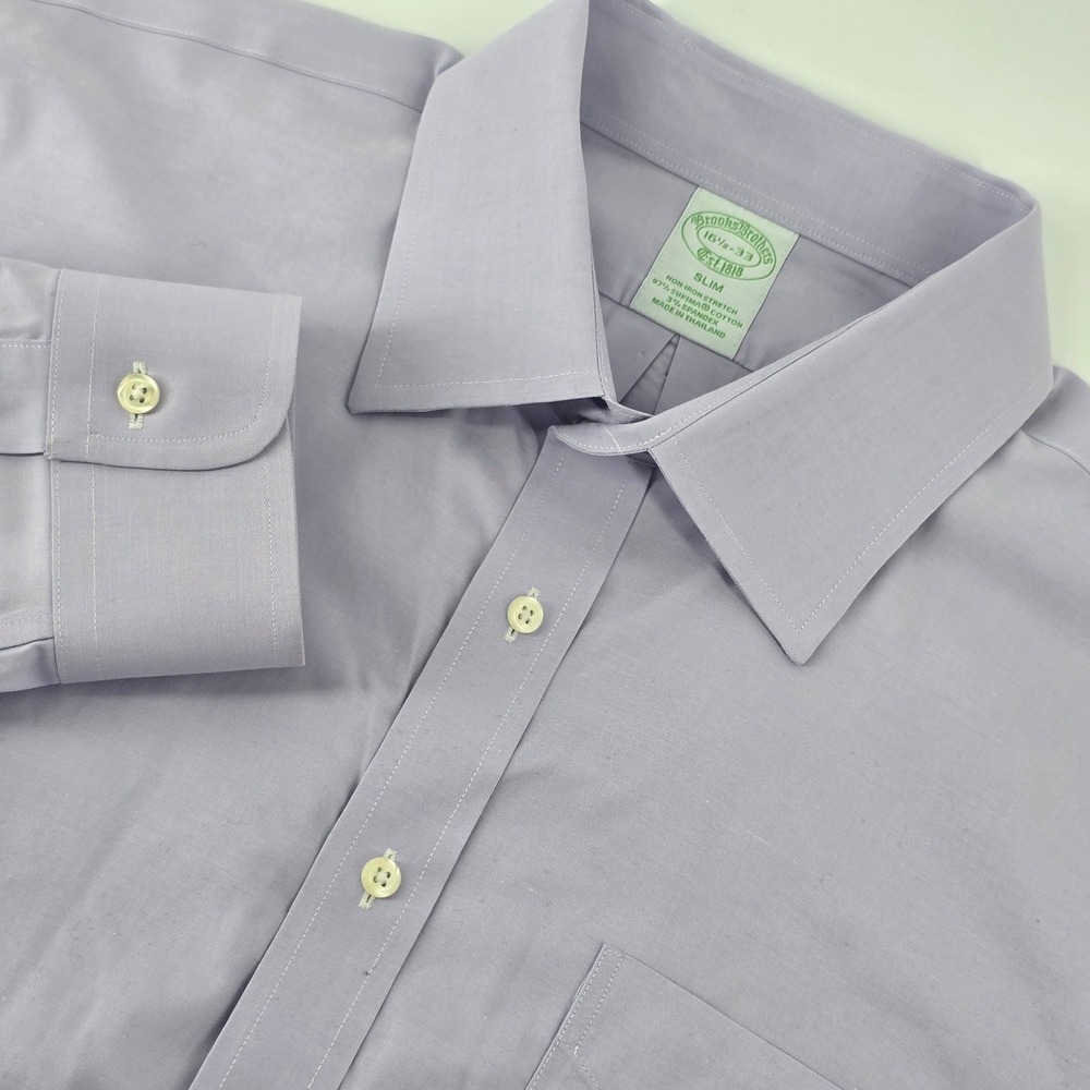 Brooks Brothers Dress Shirt Mens 16.5-33 Purple Slim Non-Iron Stretch Cotton